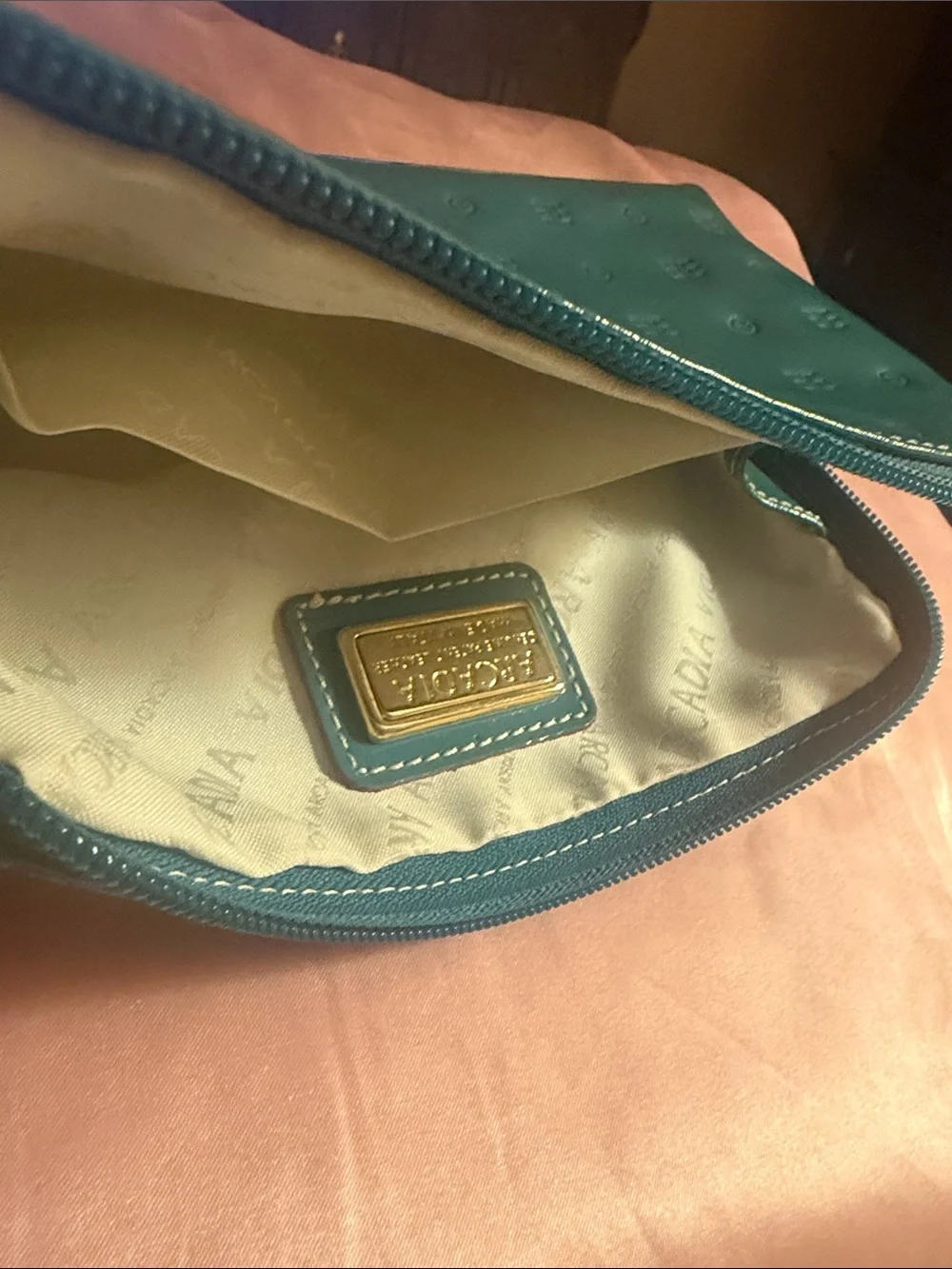 Arcadia Teal Interior Cosmetic Pouch with Gold Plaque
